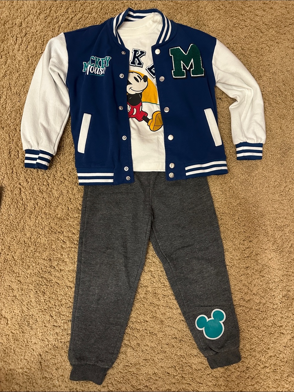 Disney Navy and White Mickey Varsity Jacket with Green Patch